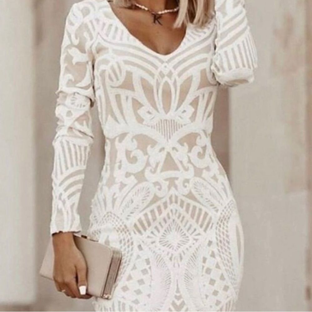 Sheilay Dress Size 3XL Sheer White Embroidered Beige Lining V Neck Long Sleeve
